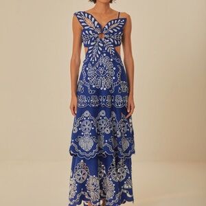 Farm Rio - Blue Flower Richelieu Premium Linen Midi Dress - Small